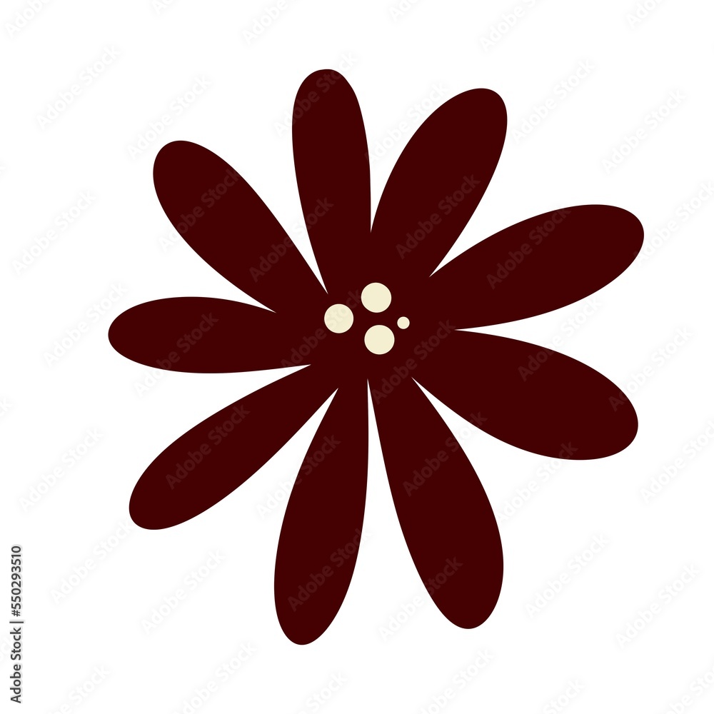 Dark red simple stylized flower on white background. Hand drawn png illustration of cute asymmetrical petals flower. Dark red simple stylized flower on white background. Hand drawn png illustration of cute asymmetrical petals flower.