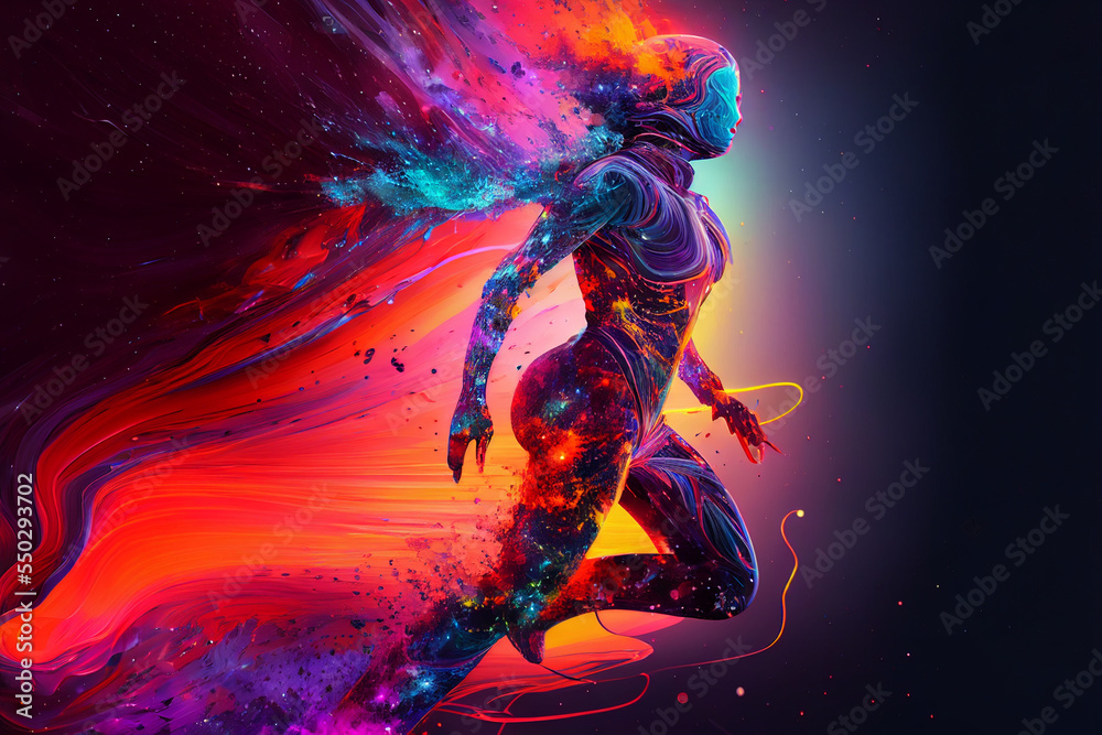 Fototapeta premium Generative ai illustration of an abstract silhouette of a woman shining in rainbow colors, infinite turbulence, fluorescent red colours comforting and relaxing design.