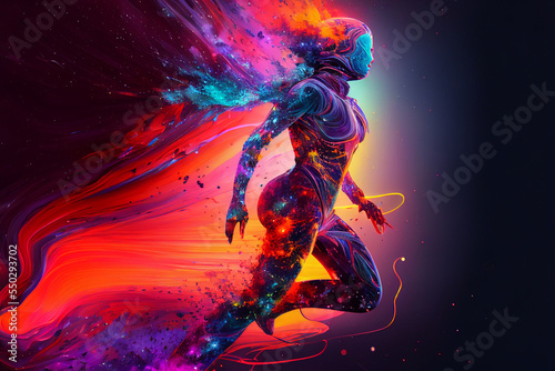 Generative ai illustration of an abstract silhouette of a woman shining in rainbow colors, infinite turbulence, fluorescent red colours comforting and relaxing design.