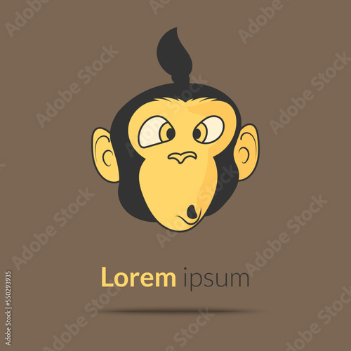 Logo head of a funny monkey chimpanzee on a dark orange background. Vector illustration