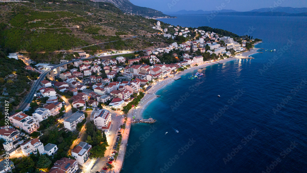 The aerial view of Podgora, a city in southern Croatia fronting the Adriatic Sea, Europe