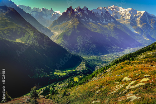 Mont Blanc massif idyllic alpine landscape countryside, Chamonix, French Alps photo