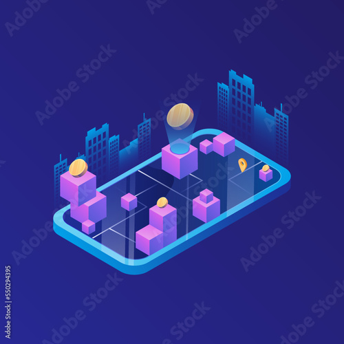 Blockchain game digital illustration. Metaverse concept. P2E Crypto Games Illustration. Earn money playing NFT Games. Vector illustration