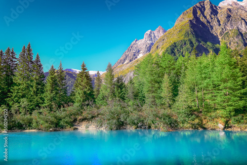 Mont Blanc and idyllic turquoise lake reflection, Chamonix, French Alps