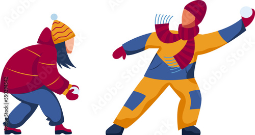 Snow winter happy kids play snowball, kid, child season, outdoor play vector illustration isolated
