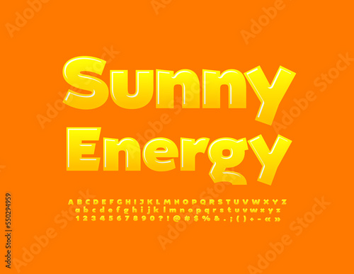 Vector modern emblem Sunny Energy. Yellow glossy Font. Creative Alphabet Letters and Number set