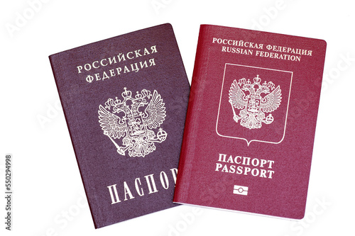 Russian passport domestic and international isolated on white background top view close-up