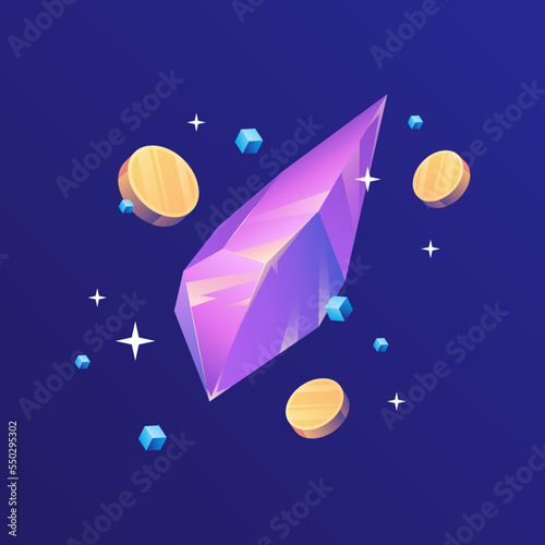 Violet crystal with flying coins. P2E Crypto Games Illustration. Earn Rewards playing crypto games. Vector illustration