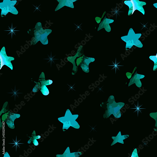 Stars green watercolor beautiful seamless pattern. Great for fabric, apparel ,digital papers on a dark background. Vector illustration