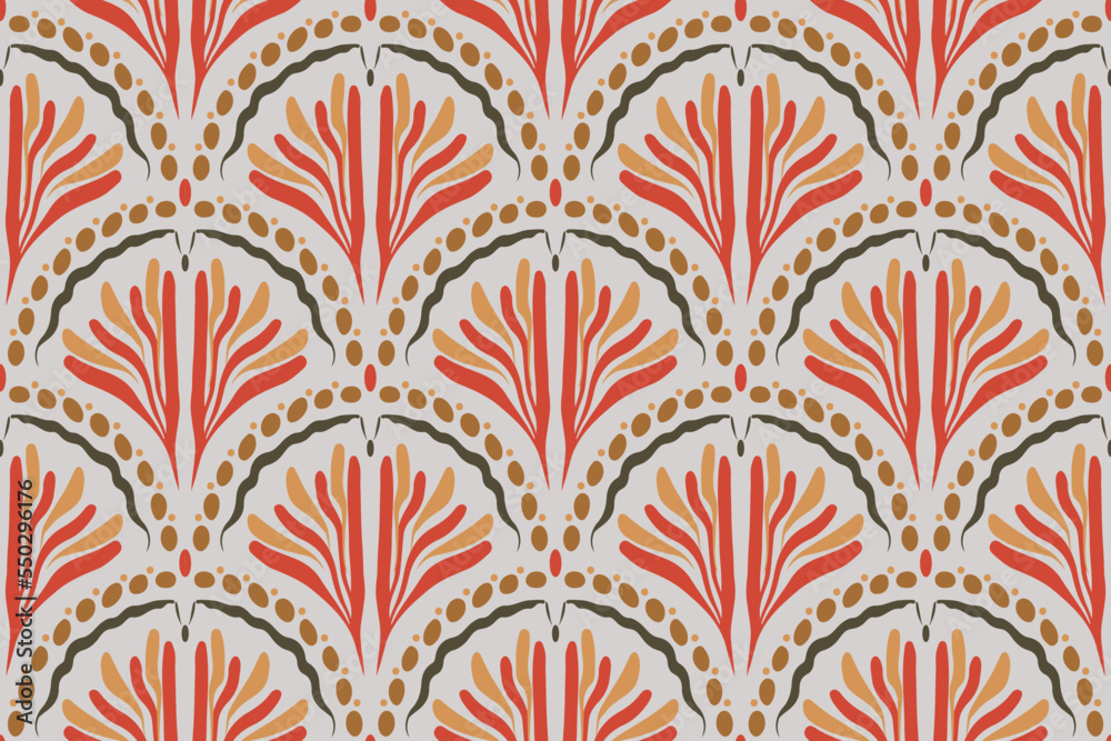 Seamless vector pattern of ethnic ogee palmette motif. Organic ethnic hand-drawn plant motif in repeat.
