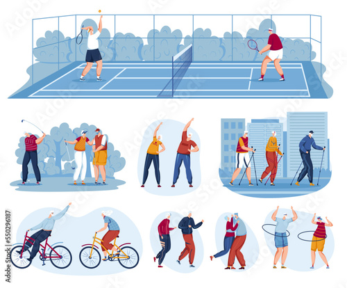 Elderly senior active people pensioners sports free time lifestyle vector illustration, happy older age man woman couple character play tennis and golf, walking activity, retirement