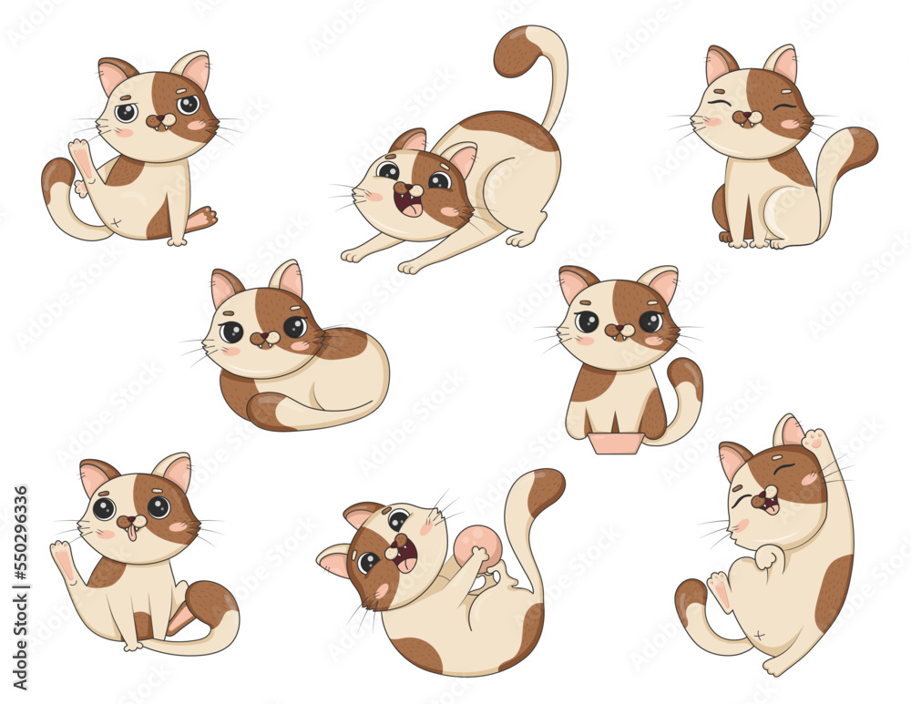 Bundle of cute cartoon cat in different poses is played isolated on white background