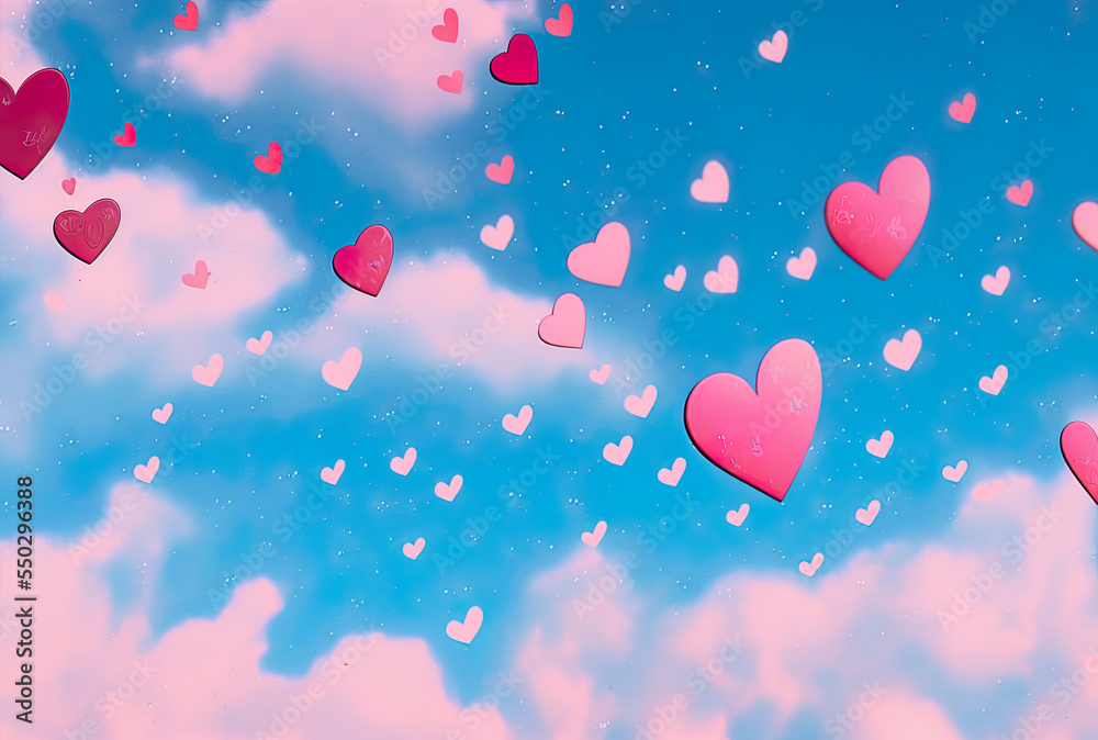 heart in the sky, heart shaped kind of balloons, Valentine, greeting, background, happy mood, blue and pink, cloudscape, illustration, digital