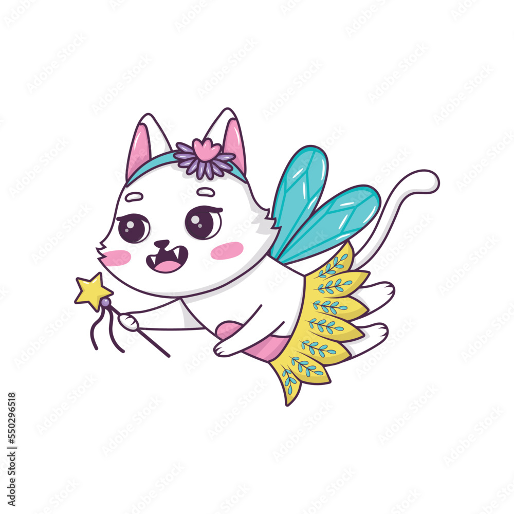 Obraz premium Cute cartoon cat fairy with magic wand in ballerina tutu flying in doodle style isolated on white background