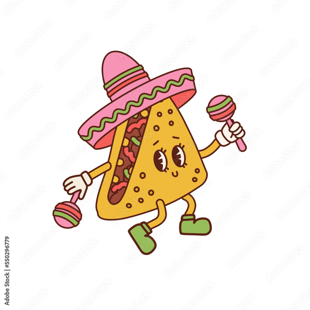 Cute quesadilla mascot with Mexican hat and maracas clip art. Vector cartoon illustration in trendy vintage toon style 30s. Latin American food mascot. Cute quesadilla mascot with Mexican hat and maracas clip art. Vector cartoon illustration in trendy vintage toon style 30s. Latin American food mascot.