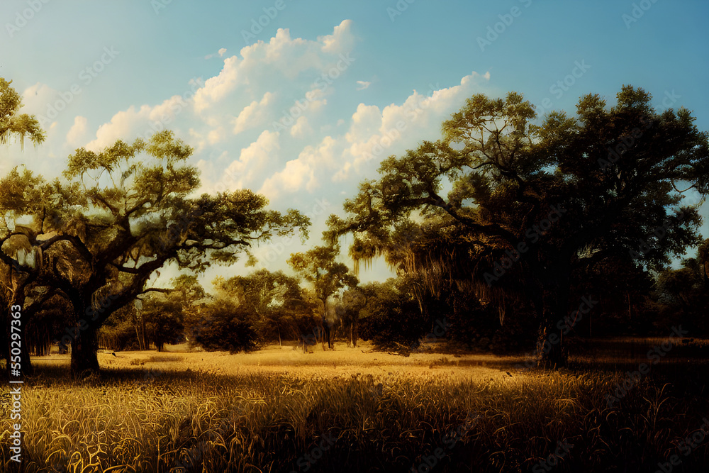 Fototapeta premium Swampy marshland. Palm trees. Tropical forest. 