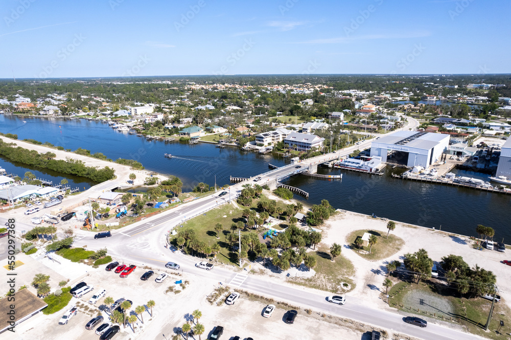 Aerial Drone Nokomis Beach. Gulf of Mexico on Casey Key in Nokomis Florida, United States. Red tide water.