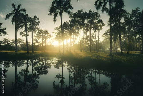 Fototapeta Swampy marshland. Palm trees. Tropical forest.