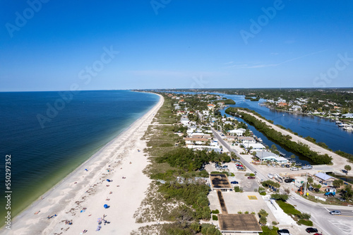 Aerial Drone Nokomis Beach. Gulf of Mexico on Casey Key in Nokomis Florida, United States. Red tide water. © Sam Foster