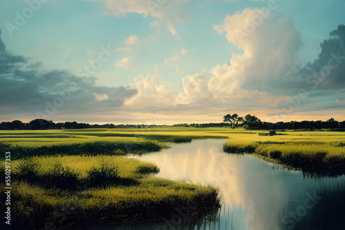 Swampy marshland. Palm trees. Tropical forest. 