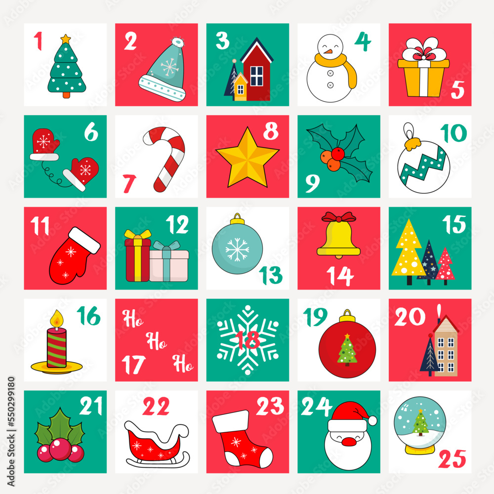 Colorful and beautiful Christmas calendar, christmas time, winter, snowflake, santa claus, merry christmas