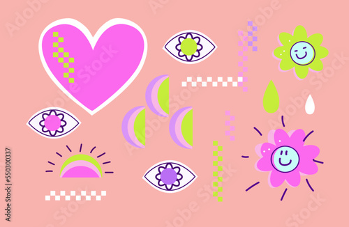 valentines day Set of cool groovy flower Y2k style, Nostalgia for the 2000 years. vector illustration.