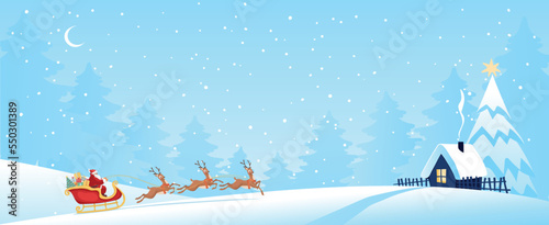 Christmas banner, Santa Claus on a sleigh carries gifts to the forest house, flat vector cartoon illustration. Postcard for the new year with copy space for text.