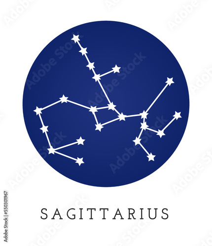 Sagittarius zodiac sign constellation isolated on dark blue background. Eastern horoscope symbol, tarot card prediction, mystery esoteric astrology, white stars asterism. Flat vector illustration.