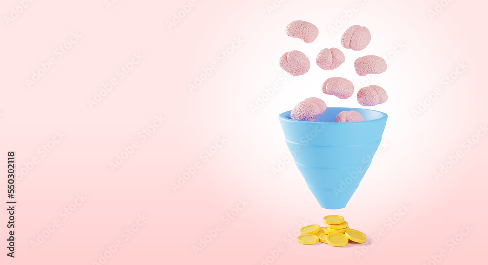 Brains fall into the sales funnel as a symbol of smart workers with ideas that bring coins as a symbol of profit. Copy space for text. 3d render Brains fall into the sales funnel as a symbol of smart workers with ideas that bring coins as a symbol of profit. Copy space for text. 3d render