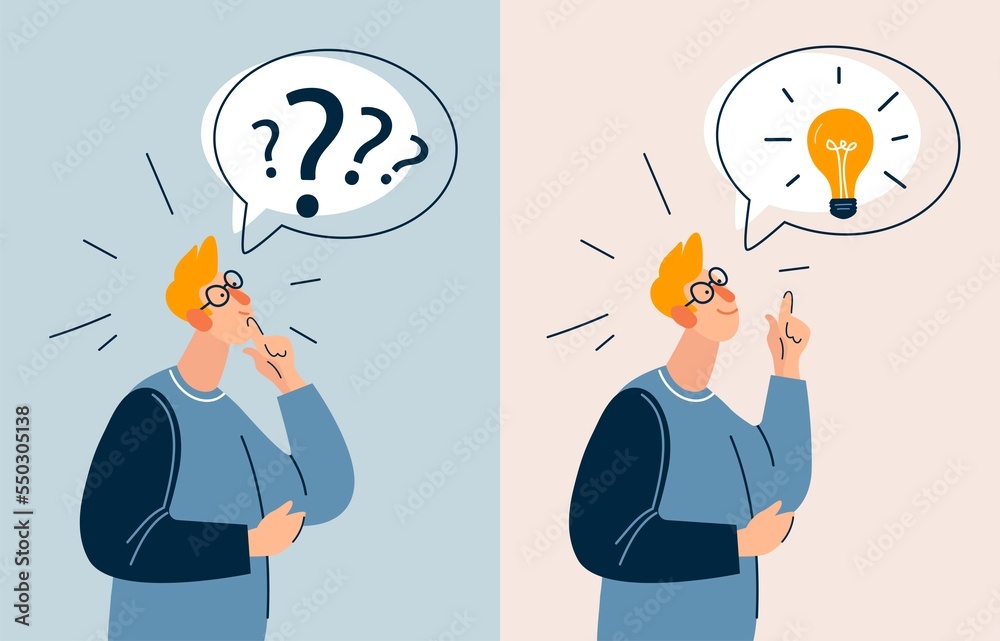 Man confused looking for answers and creating solution. Guy thinking and finding answer. Innovation and problem solution. Man confused looking for answers and creating solution. Guy thinking and finding answer. Innovation and problem solution.