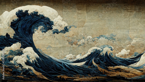 Fotografiet Great blue ocean wave as Japanese vintage style illustration