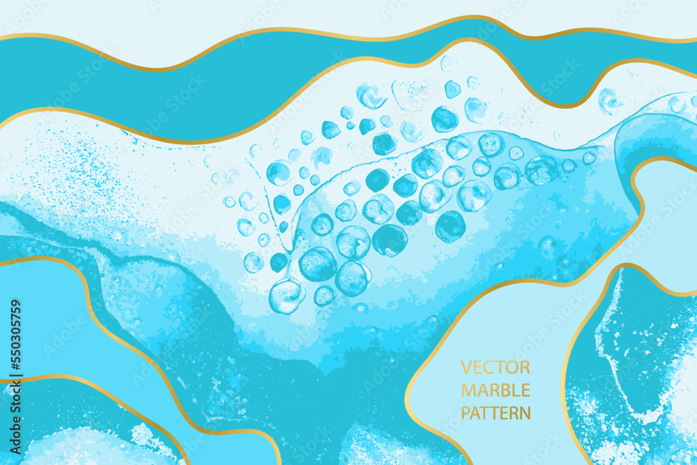 Light Blue Waves, Bubbles and Swirls with Golden Layers Vector Artwork Texture.
