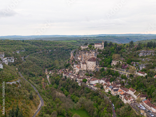 Aerial view of Beautiful village Rocamadour in Lot department, southwest France. Its Sanctuary of the Blessed Virgin Mary, has for centuries attracted pilgrims.
