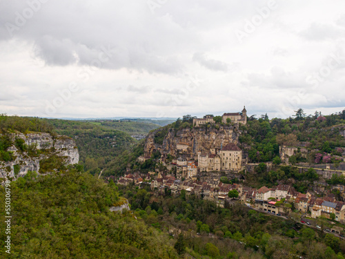 Aerial view of Beautiful village Rocamadour in Lot department, southwest France. Its Sanctuary of the Blessed Virgin Mary, has for centuries attracted pilgrims.