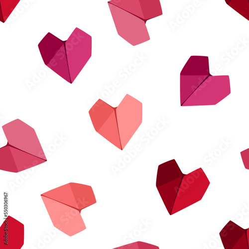 Red and pink paper origami hearts seamless pattern. Love background. Romantic vector illustration.
