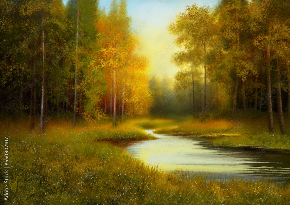 Digital oil paintings summer landscape, fine art, artwork, landscape with lake and trees, morning in the forest, river in the forest