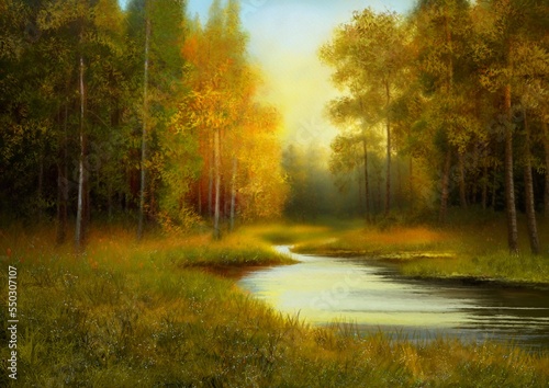 Digital oil paintings summer landscape, fine art, artwork, landscape with lake and trees, morning in the forest, river in the forest © Liliia Chyzhevska