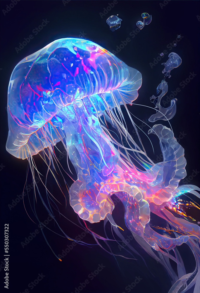 Fototapeta premium jellyfish illustration, neon, bioluminescence, anime style