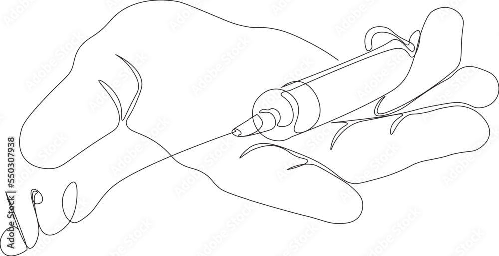 Fototapeta premium Continuous one line drawing of a syringe with a needle lying in the hand with the inscription 