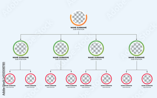 Hierarchy template infographic. Business hierarchy infographic elements. Vector illustration. Corporate organizational chart with business avatar icons. Company Schema