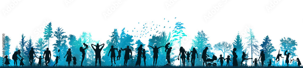 Silhouettes of people in nature. Family in the blue park. Vector illustration