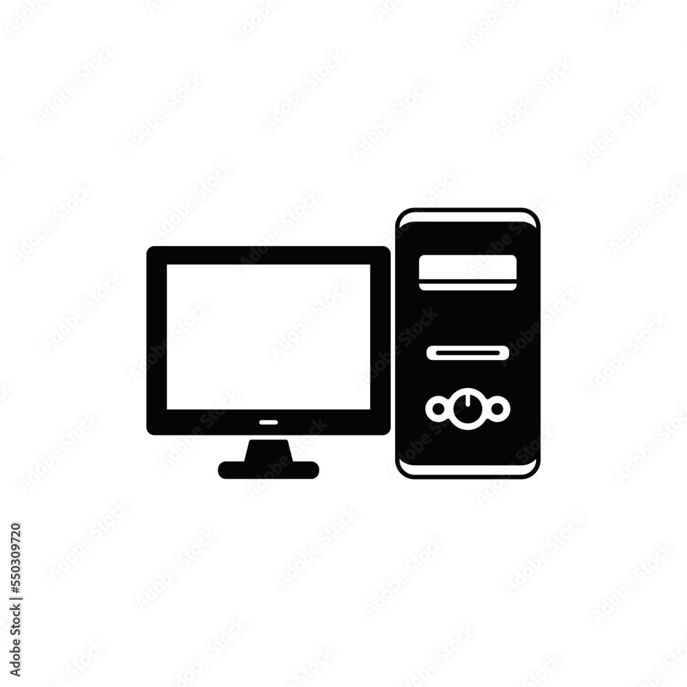 Personal computer icon in black flat glyph, filled style isolated on white background