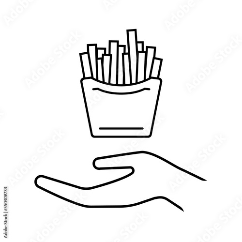 Hand and fries line icon. Serving of pack of French fries. Vector Illustration