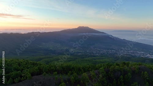 Aerial View of the landscape of the valley of pine trees and clouds in El Paso, La Palma Island. Spain photo
