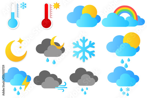 Vector set of weather forecast icons. Sun, thermometers, clouds, clouds