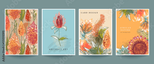 Set of four vector pre-made cards or posters with traditional African flowers, plants and abstract texture