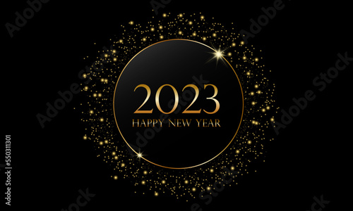 Shiny golden frame 2023 New Year. Modern luxury black shape and gold glitter gold ring on dark background. Golden circle abstract background. Vector EPS 10