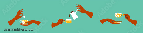 Set of male or female hands holding floral ceramic cup, saucer and spoon. Human hand pouring black coffee from cezve to ceramic mug. Drinking tea time, hot drink beverage. Isolated vector illustration