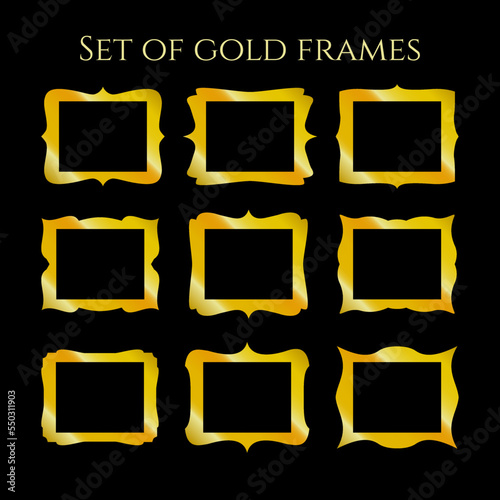 Gold vintage frames set. Blank borders of various shapes. Vector retro labels, elements for your design
