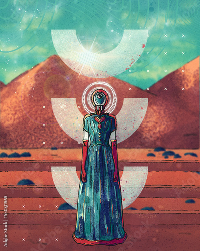 abstract image of a robot in a dress on a background of mountains